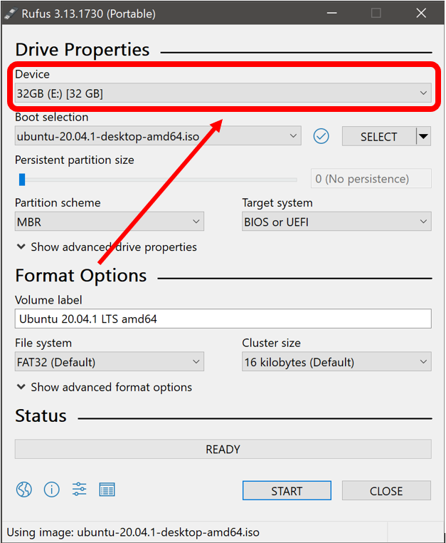 Selecting a USB within Rufus